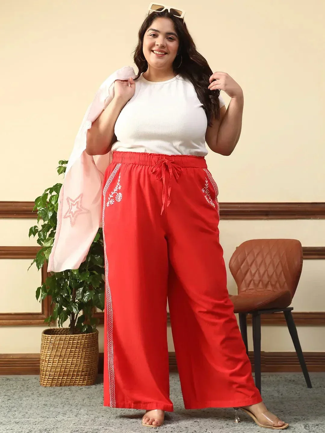 Casual Red Elasticated With Tie -Up Detail Embroidered Plus Size Women Cotton Linen Pant - Image 8