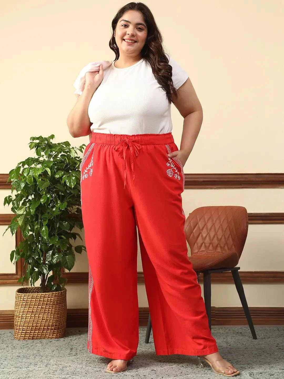 Casual Red Elasticated With Tie -Up Detail Embroidered Plus Size Women Cotton Linen Pant - Image 9