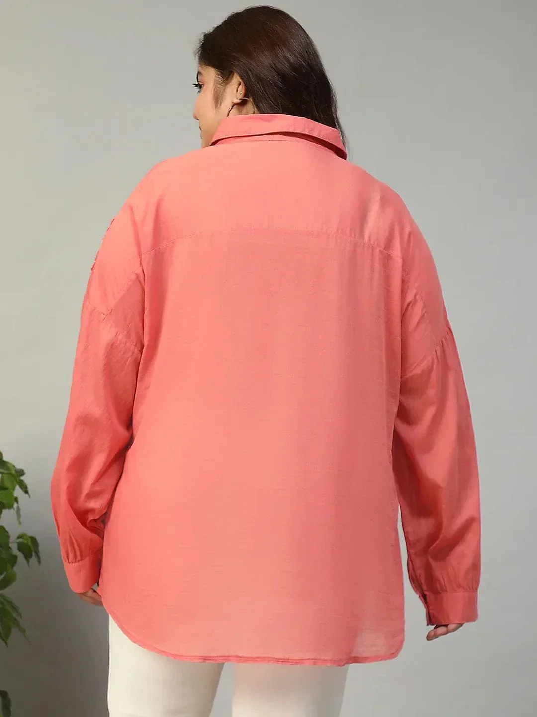 Catchy Coral Long Sleeve Embroidered Button Down Plus Size Women Cotton Shirt - Image 5