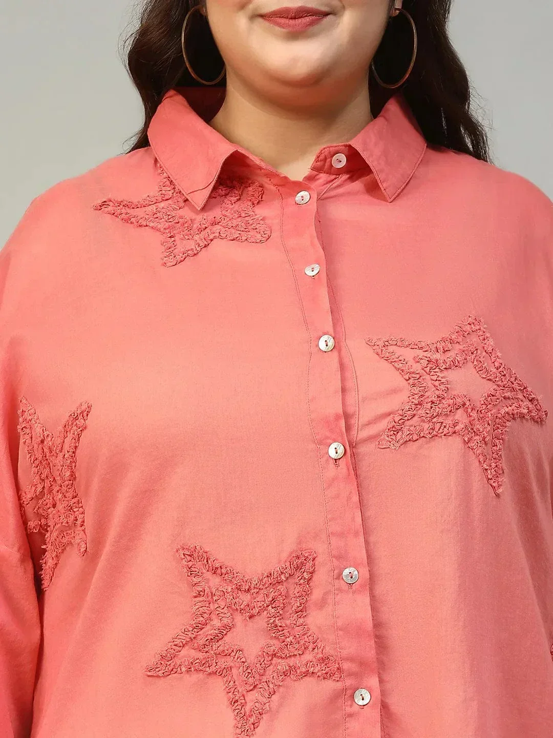 Catchy Coral Long Sleeve Embroidered Button Down Plus Size Women Cotton Shirt - Image 6