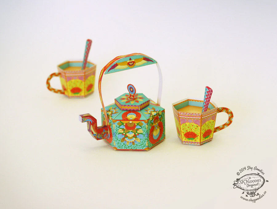 Chai Kettle & Cups: Set of 3 Boxes DIY Paper Craft Kit - Image 2