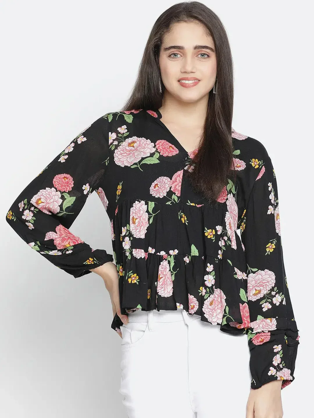 Chaklic Sleek Black Floral Print Women Top
