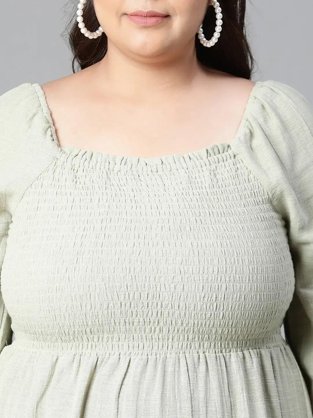 Charming Green Smocked Long Plus Size Curvy Cotton Dress For Summer - Image 6