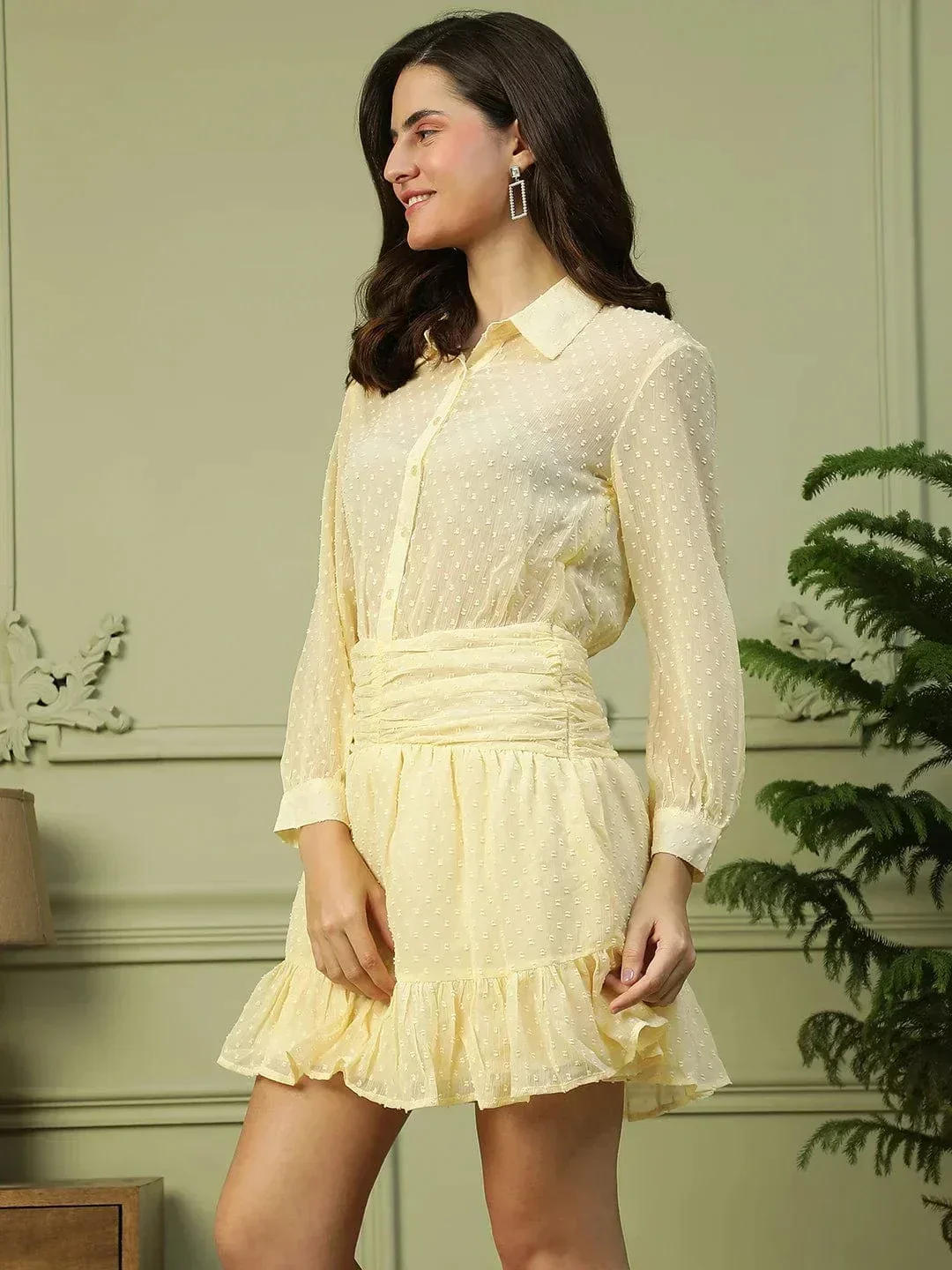 Charming Yellow Button Down Long Sleeve Chiffon Dobby Women Dress - Image 3