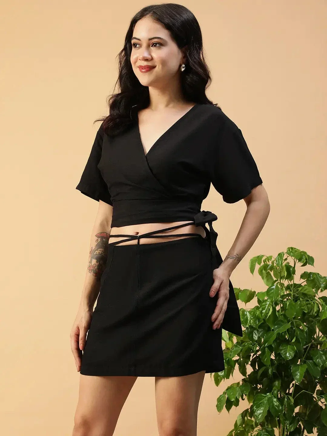 Chased Black Short Sleeve Tie-Up Top & Mini Skirt Women Cotton Linen Co-ord Set - Image 3