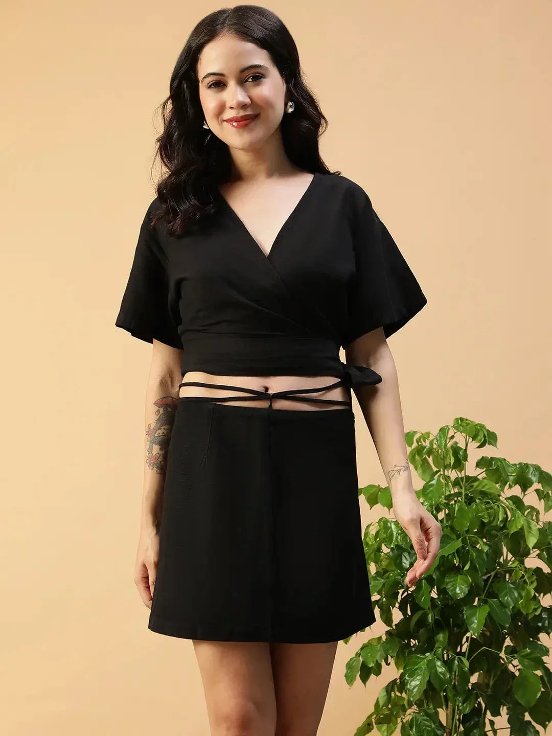 Chased Black Short Sleeve Tie-Up Top & Mini Skirt Women Cotton Linen Co-ord Set - Image 4