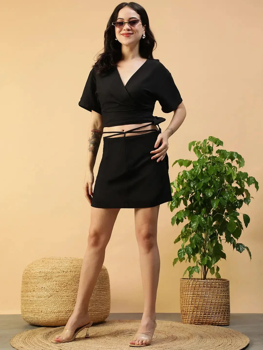 Chased Black Short Sleeve Tie-Up Top & Mini Skirt Women Cotton Linen Co-ord Set - Image 8