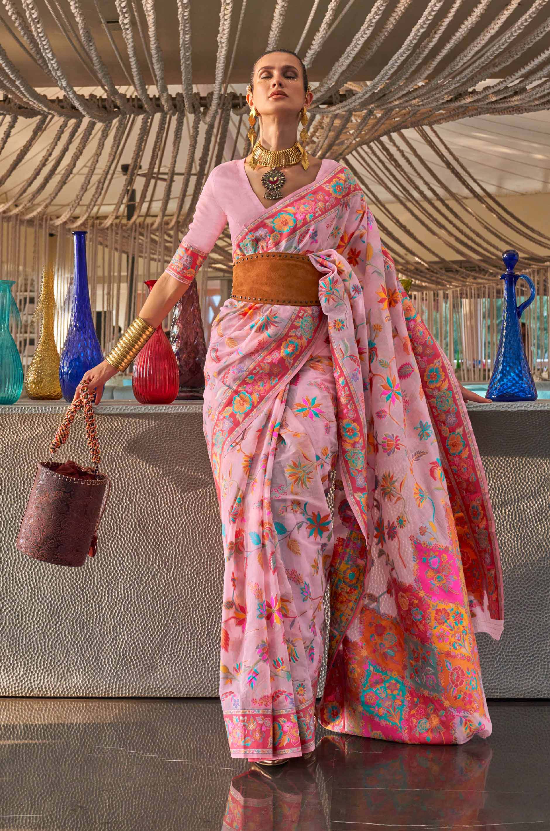 Cherry Pink Floral Woven Silk Saree