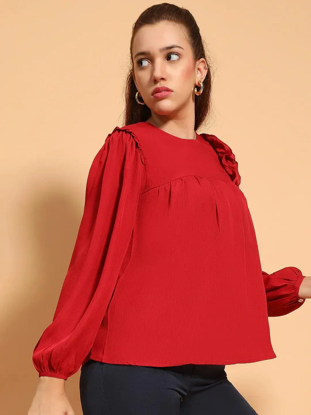 Cherry Red Long Sleeve Embelished Detail  Women Top - Image 4