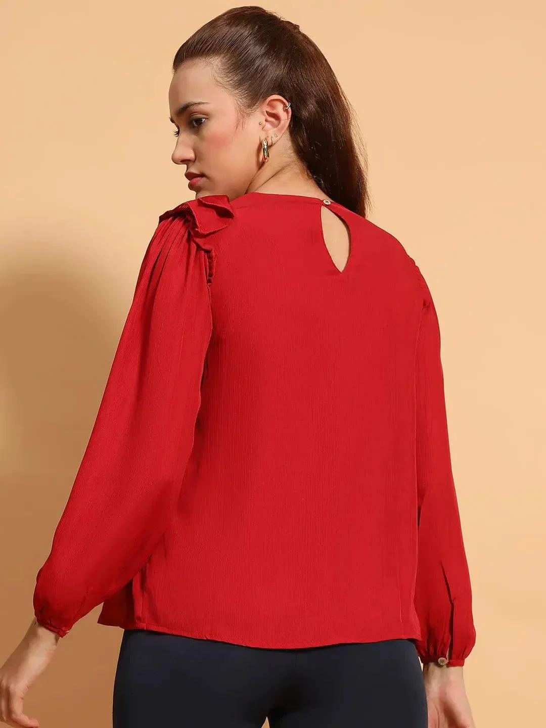Cherry Red Long Sleeve Embelished Detail  Women Top - Image 5