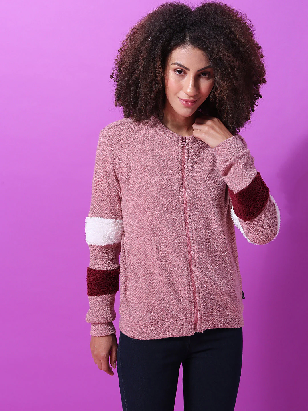Chevron Pattern Jacket With Contrast Panel Sleeve - Image 4