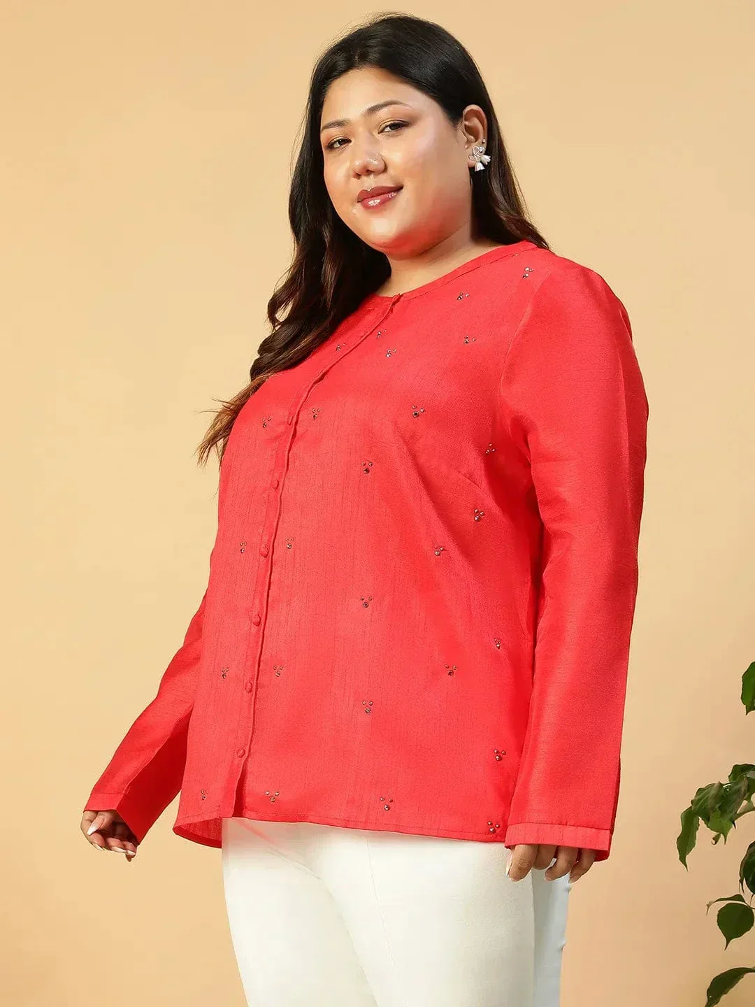 Chiclet Solid Red Long Sleeve Embelished Detail Button Down Plus Size Women Silk Shirt - Image 3