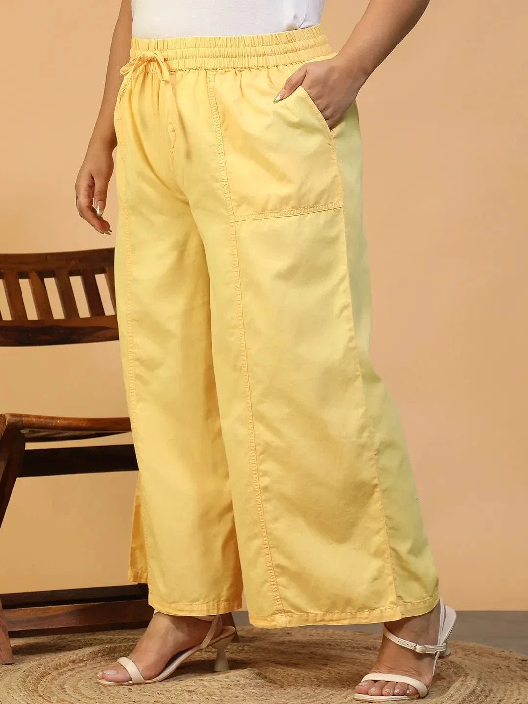Chiclit Yellow Elasticated With Tie-Up Detail Plus Size Women Long Cotton Pant - Image 3
