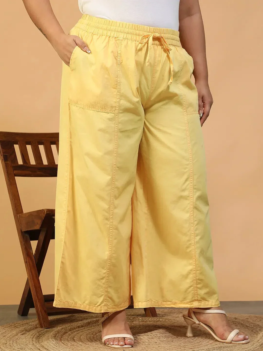 Chiclit Yellow Elasticated With Tie-Up Detail Plus Size Women Long Cotton Pant - Image 4