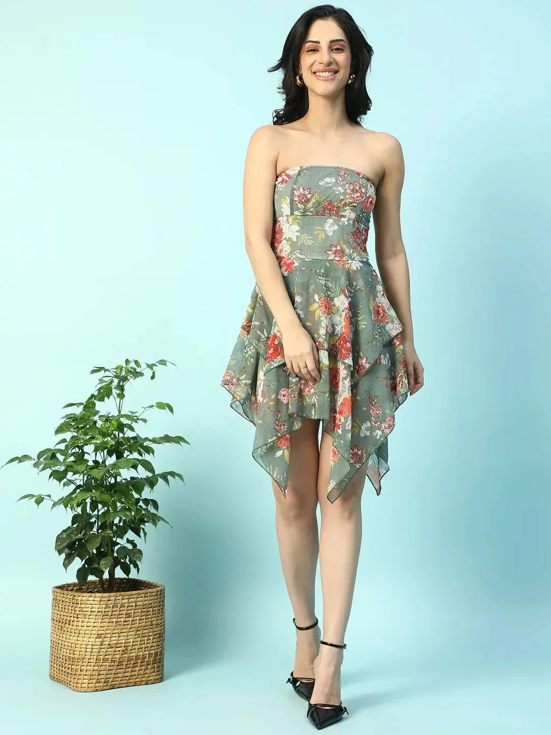 Chill Green Floral Print Ruffle Detail Off Shoulder With Tie-Knot At Back High Low Women Dress
