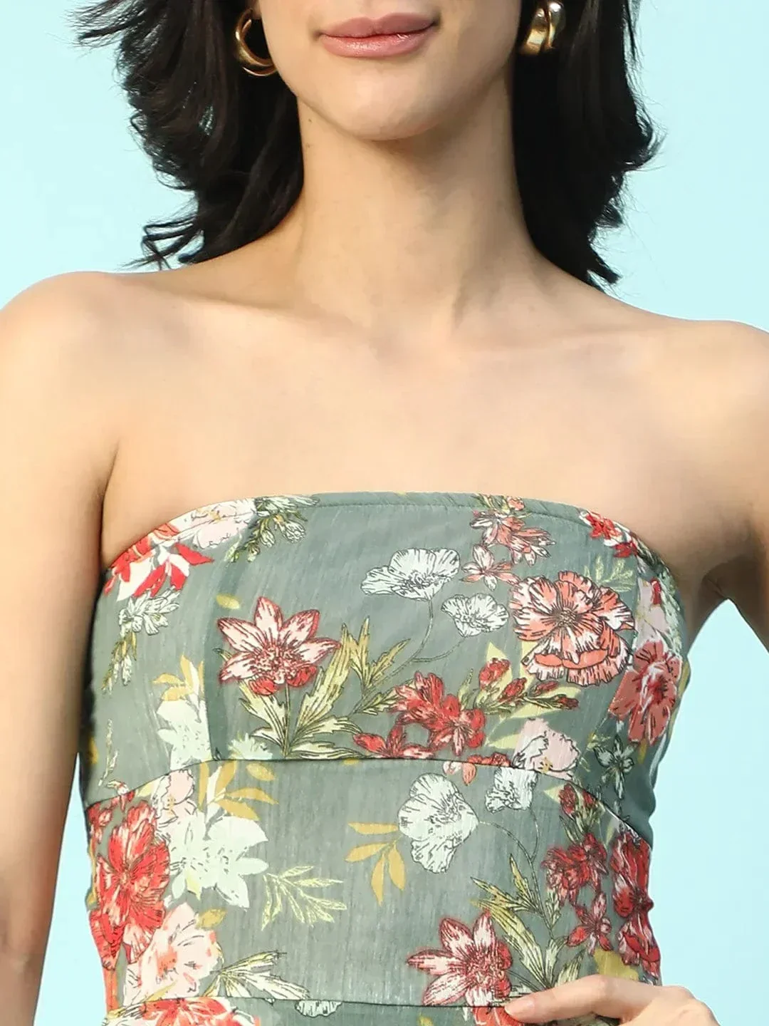 Chill Green Floral Print Ruffle Detail Off Shoulder With Tie-Knot At Back High Low Women Dress - Image 6