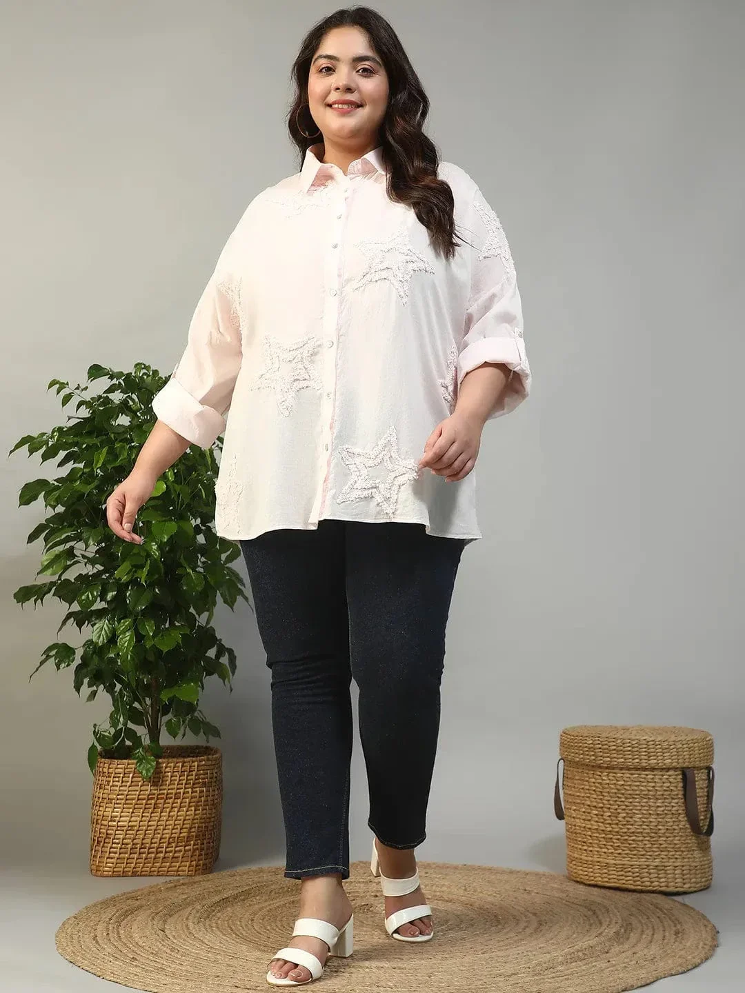 Chintz Light Pink Long Sleeve Embroidered Button Down Plus Size Women Cotton Shirt - Image 2