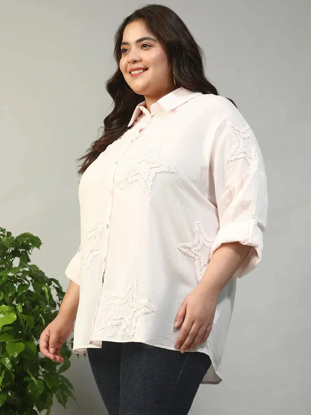 Chintz Light Pink Long Sleeve Embroidered Button Down Plus Size Women Cotton Shirt - Image 3