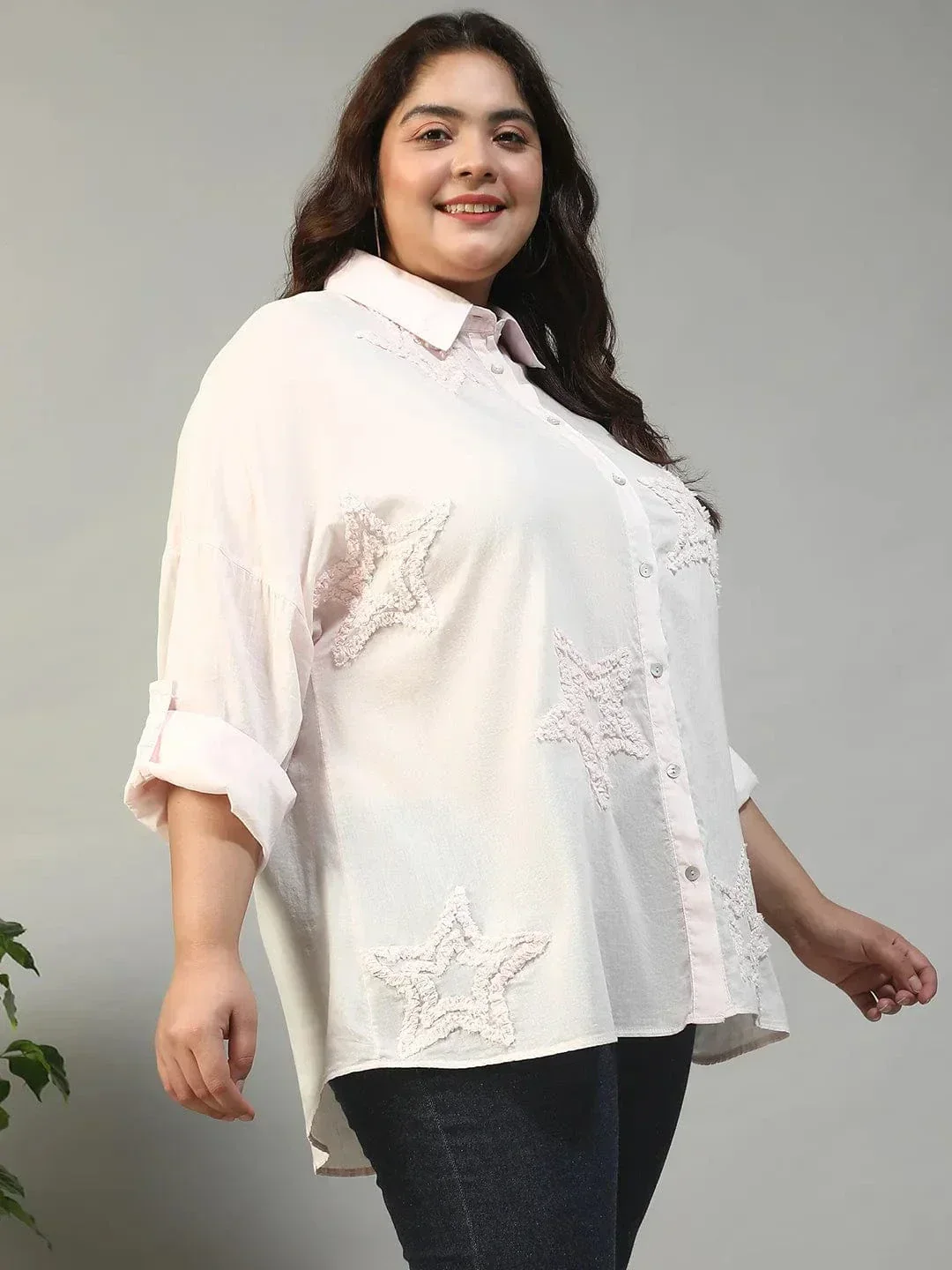 Chintz Light Pink Long Sleeve Embroidered Button Down Plus Size Women Cotton Shirt - Image 4
