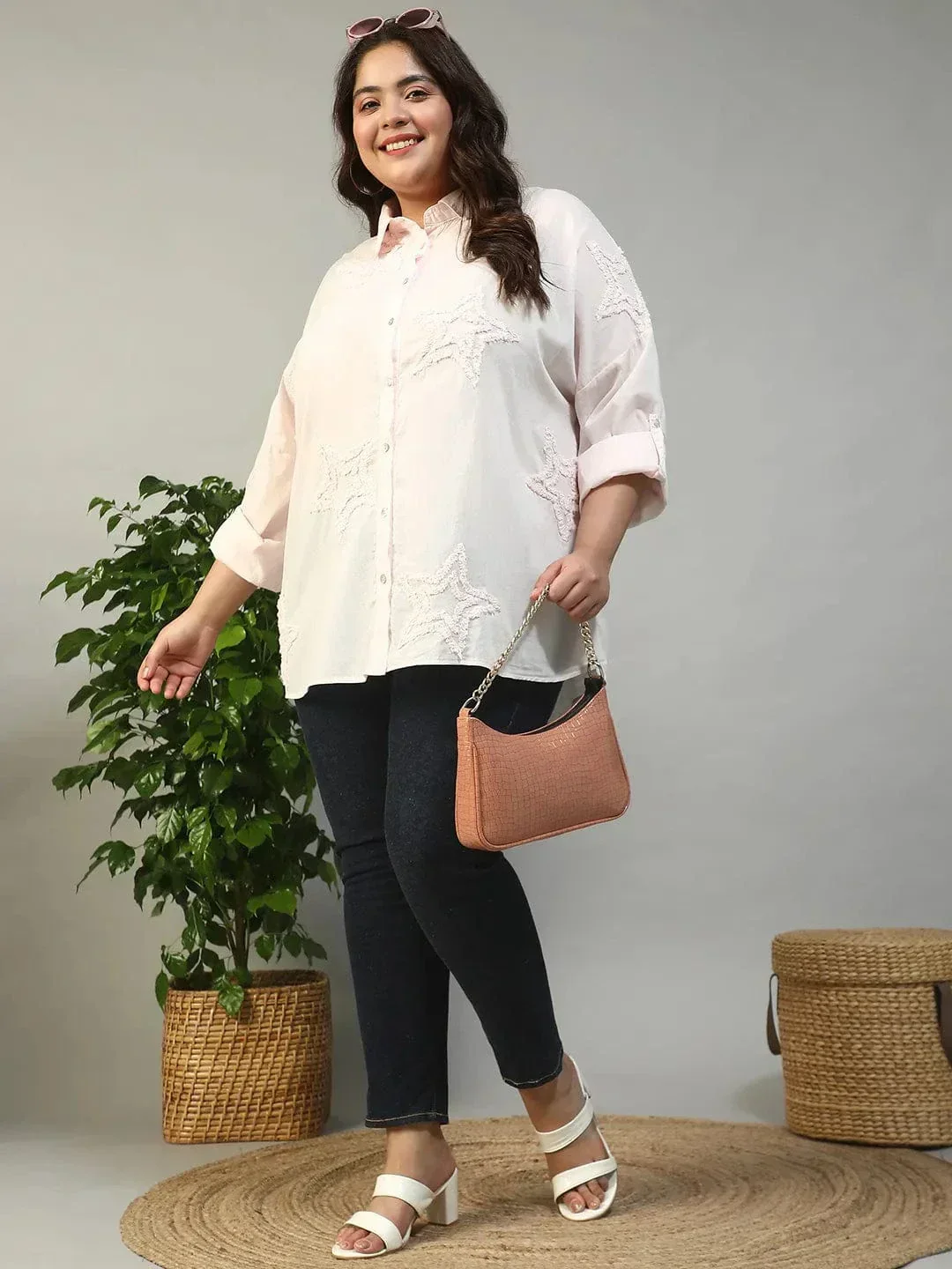 Chintz Light Pink Long Sleeve Embroidered Button Down Plus Size Women Cotton Shirt - Image 7