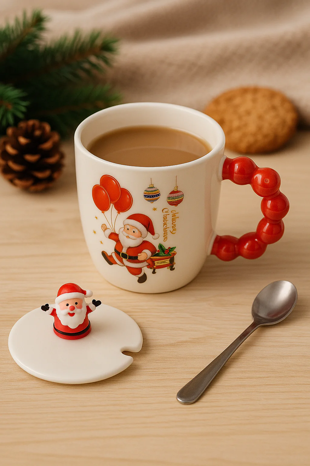 Christmas Ceramic Mug with Lid & Spoon | 350 ML Santa Mug with Red Handle | Merry Christmas Gift Cup for Coffee - Image 17
