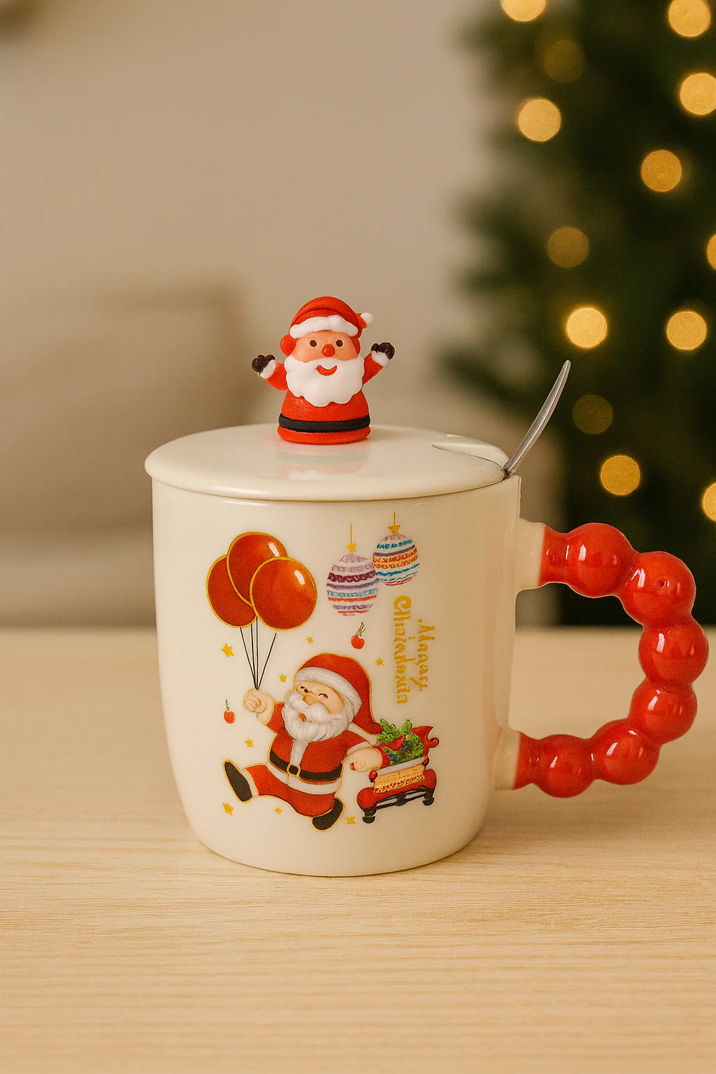 Christmas Ceramic Mug with Lid & Spoon | 350 ML Santa Mug with Red Handle | Merry Christmas Gift Cup for Coffee - Image 18