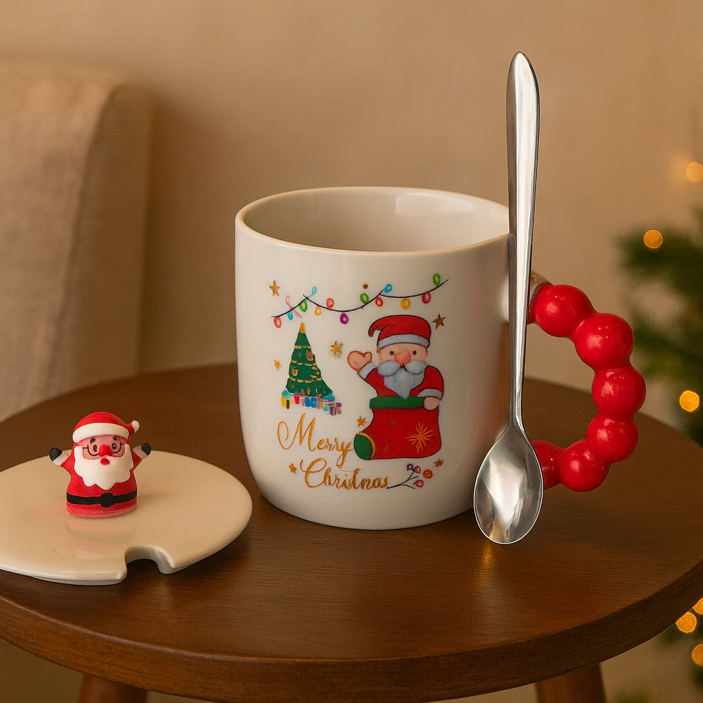 Christmas Ceramic Mug with Lid & Spoon | 350 ML Santa Mug with Red Handle | Merry Christmas Gift Cup for Coffee - Image 3