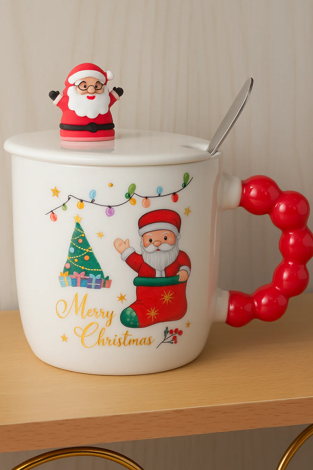 Christmas Ceramic Mug with Lid & Spoon | 350 ML Santa Mug with Red Handle | Merry Christmas Gift Cup for Coffee - Image 5
