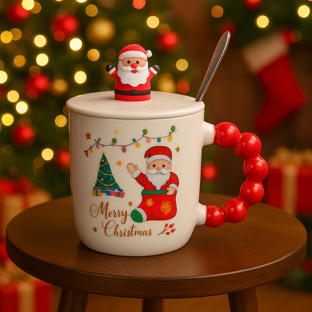 Christmas Ceramic Mug with Lid & Spoon | 350 ML Santa Mug with Red Handle | Merry Christmas Gift Cup for Coffee - Image 7