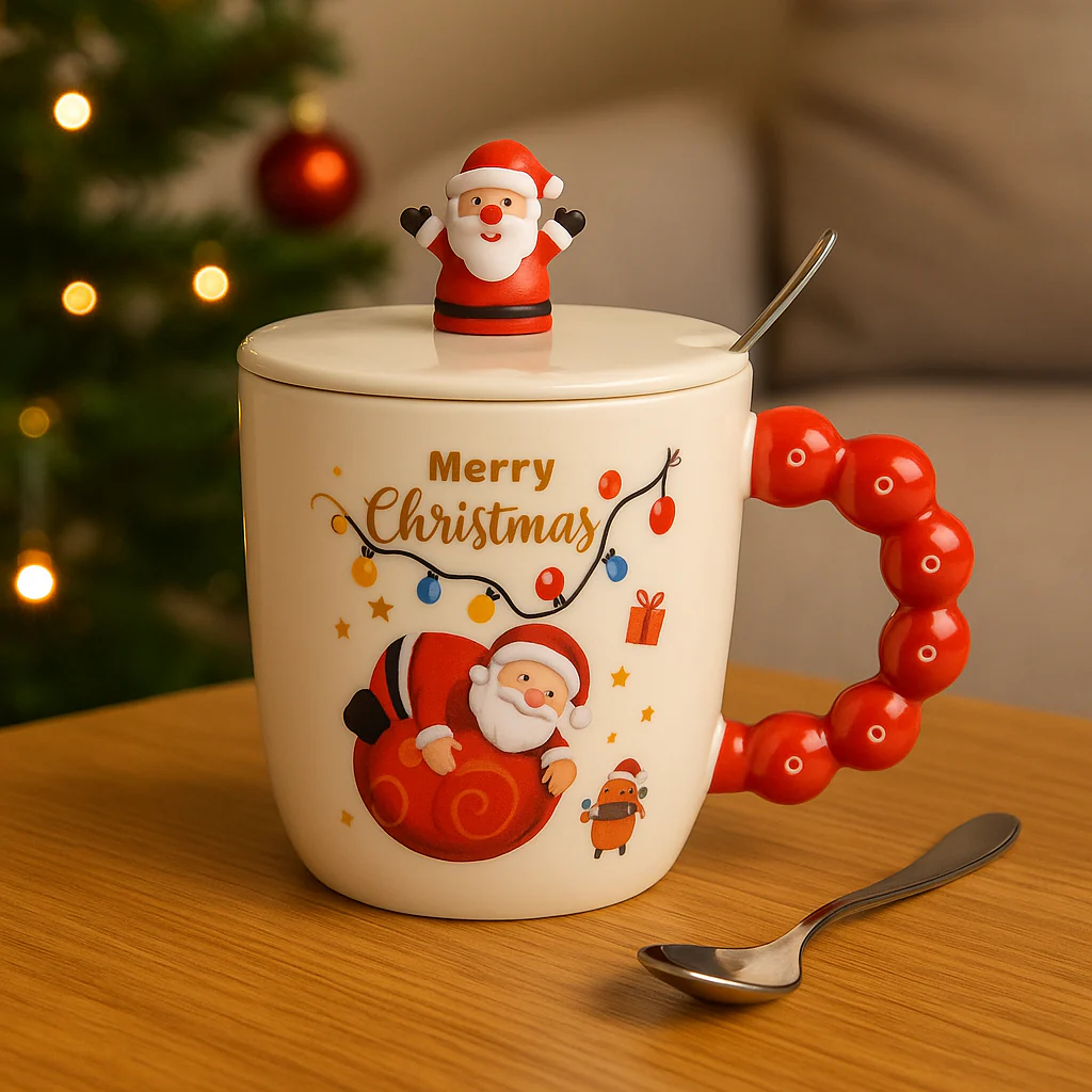 Christmas Ceramic Mug with Lid & Spoon | 350 ML Santa Mug with Red Handle | Merry Christmas Gift Cup for Coffee - Image 9
