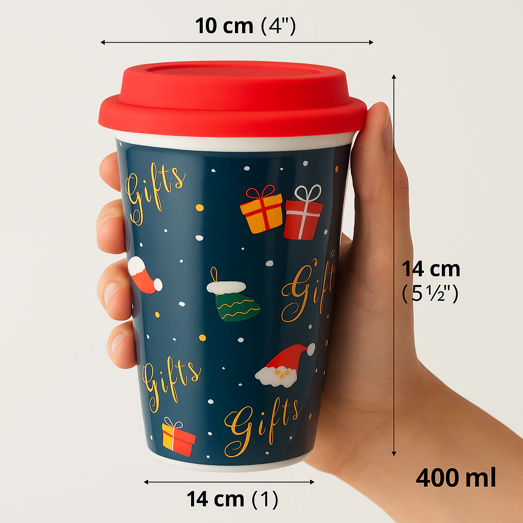Christmas Ceramic Mug with Red Silicone Lid – 400 ml Coffee & Tea Cup - Image 2