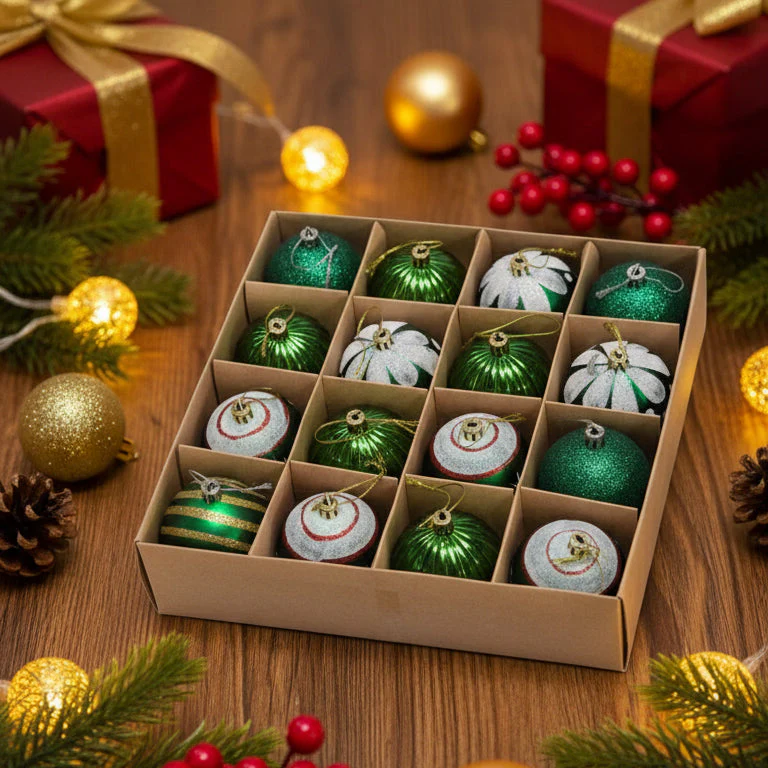 Christmas Tree Decoration Bauble Set – Green & Silver Collection (Pack of 16)