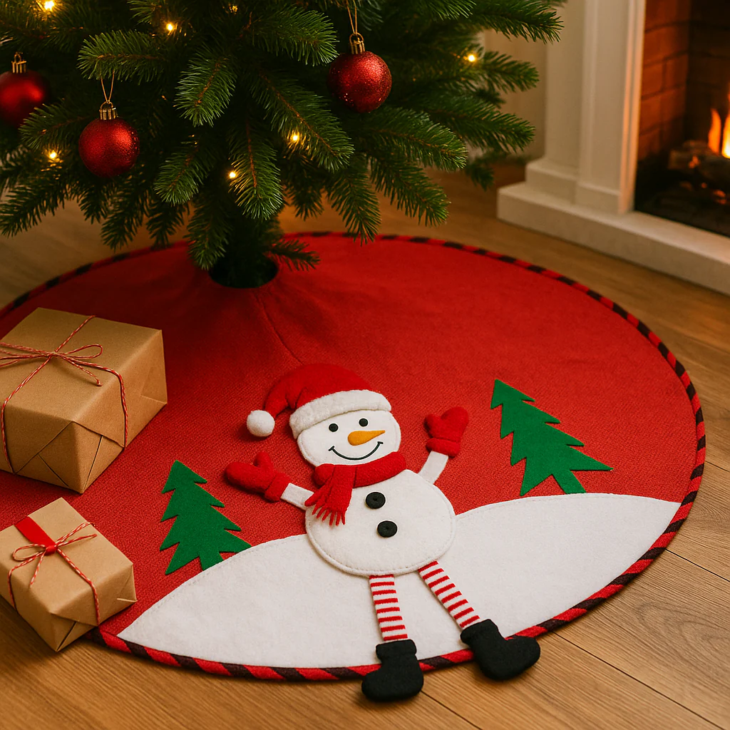 Christmas Tree Skirt, 120 cm Diameter – Red Cotton-Linen with Snowman - Image 5