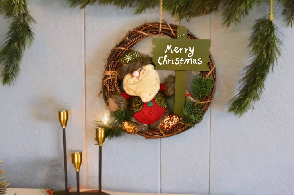 Christmas Wreath Pendant - 35CM Santa Claus Snowman Deer Wood Rattan Ring Xmas Hanging Decor - Image 12