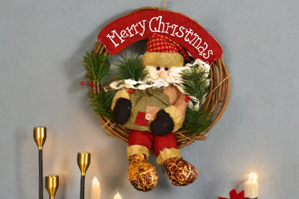 Christmas Wreath Pendant - 35CM Santa Claus Snowman Deer Wood Rattan Ring Xmas Hanging Decor - Image 8