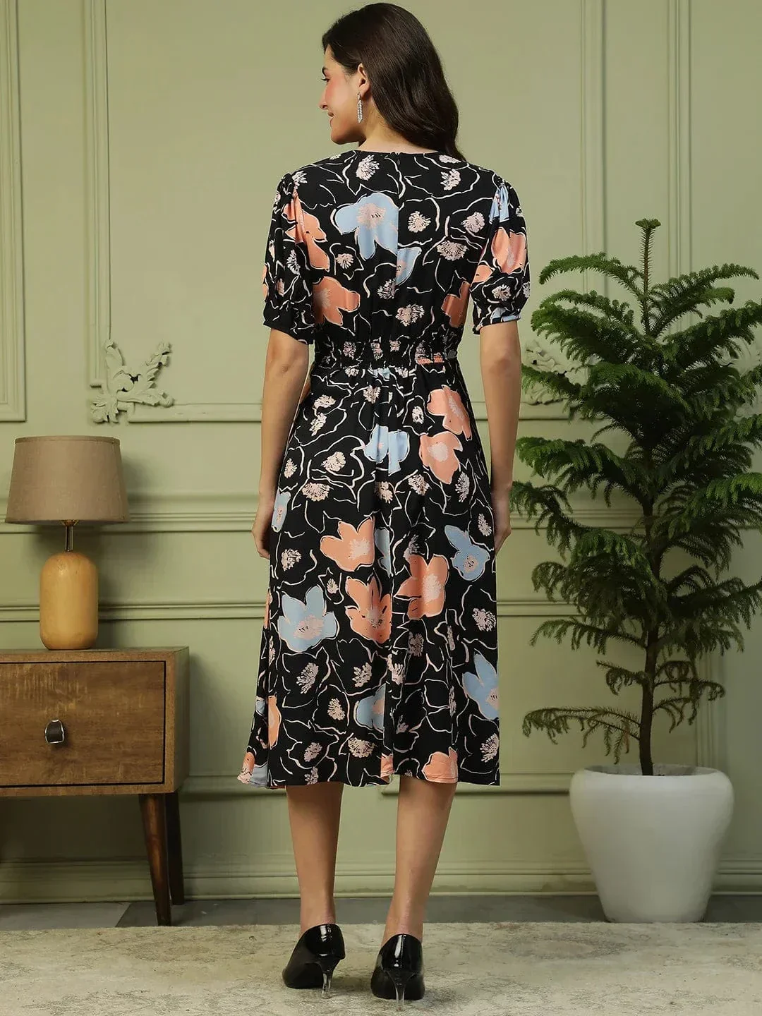 Classy Black Floral Print Elasticated Waist With Side Tie-Up Detail Women Dress - Image 5