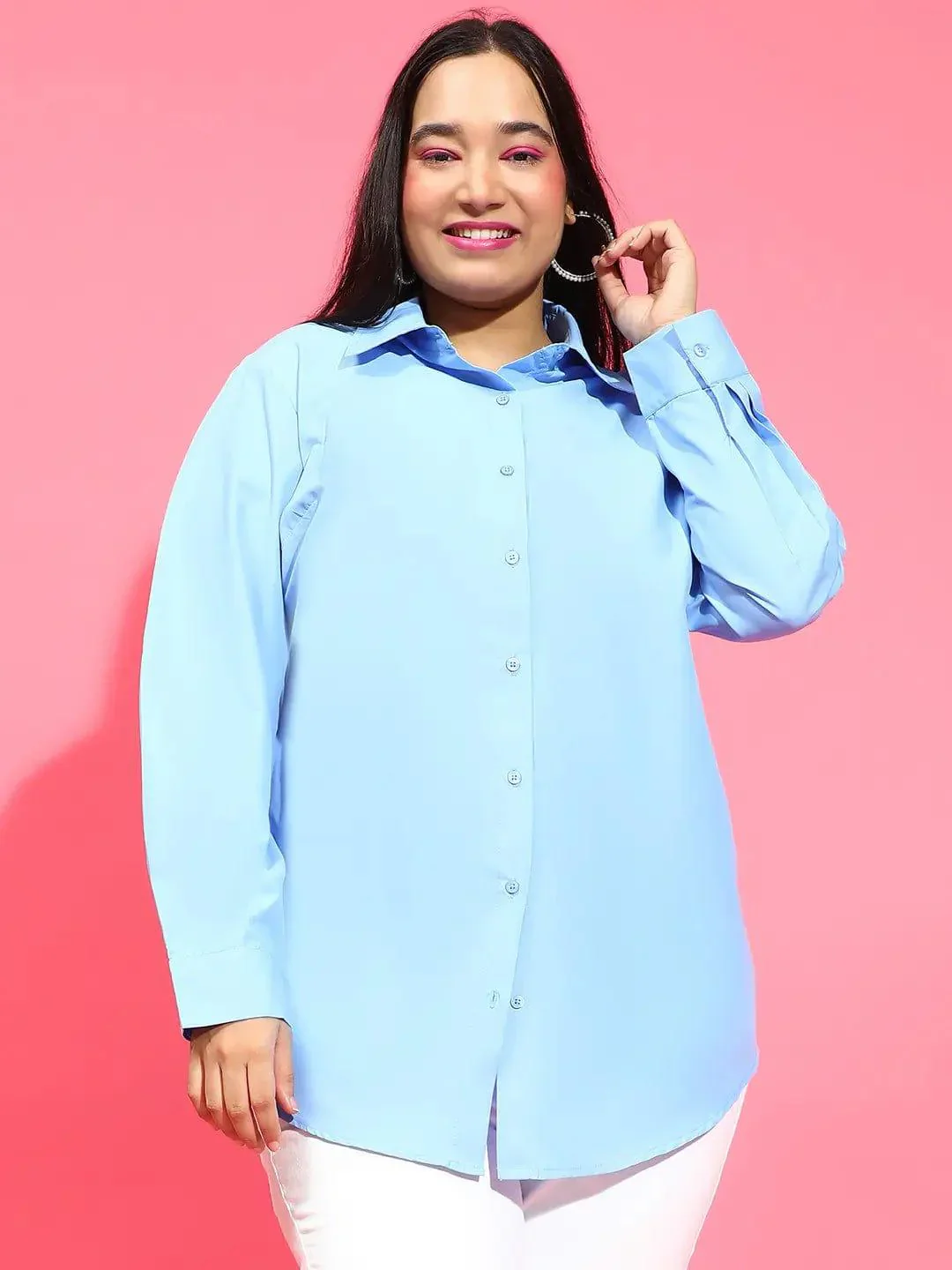 Clear Blue Collared Long Sleeve Plus Size Shirt Available