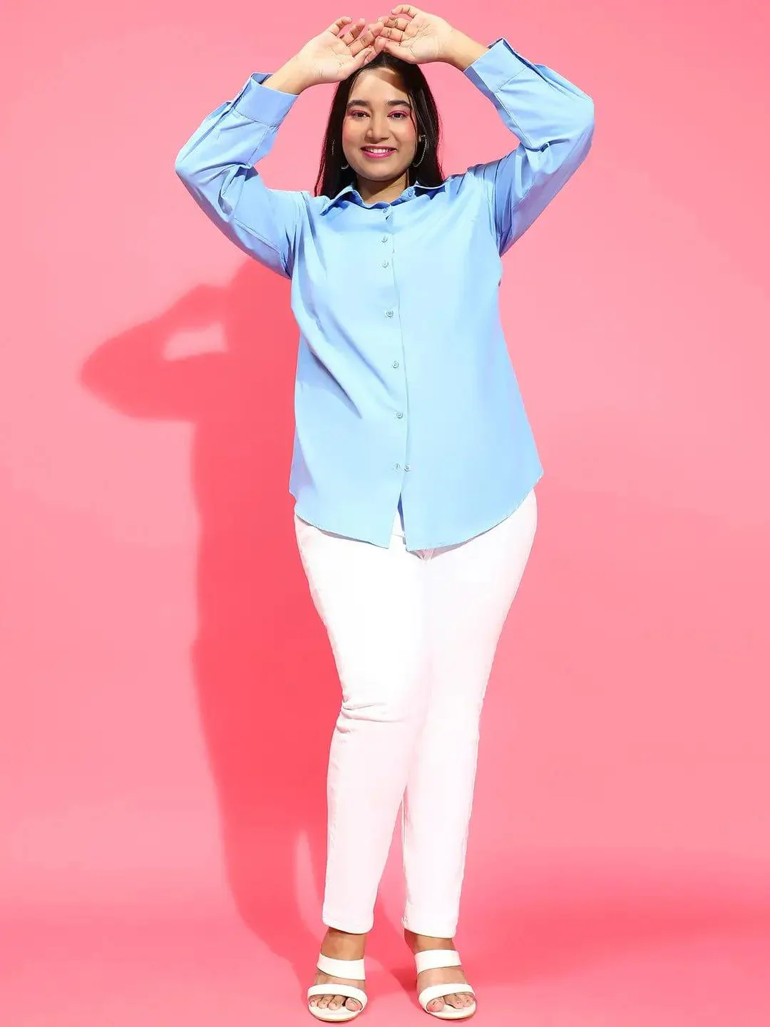 Clear Blue Collared Long Sleeve Plus Size Shirt Available - Image 2