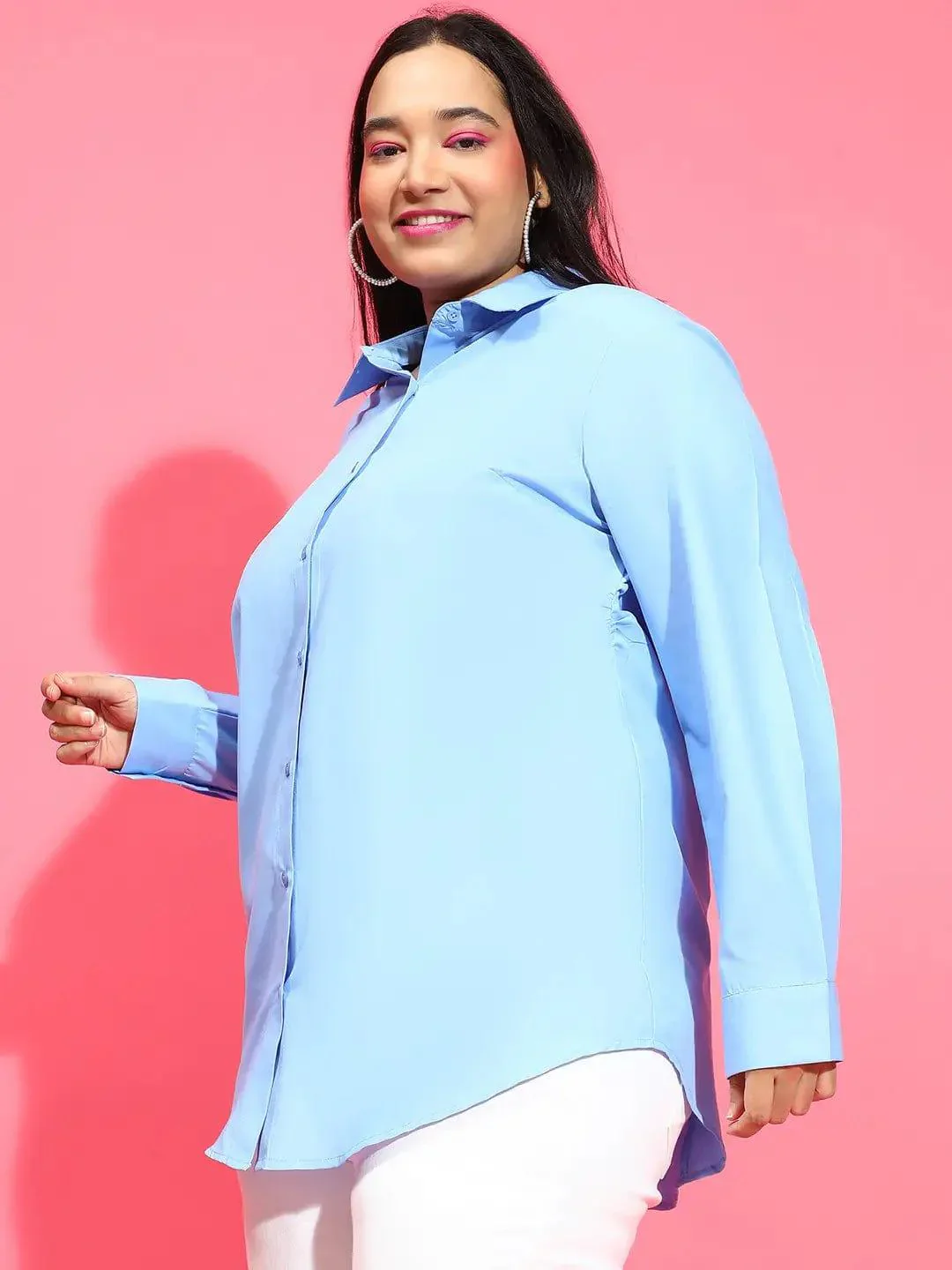 Clear Blue Collared Long Sleeve Plus Size Shirt Available - Image 3