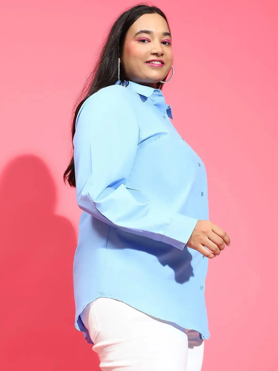 Clear Blue Collared Long Sleeve Plus Size Shirt Available - Image 4