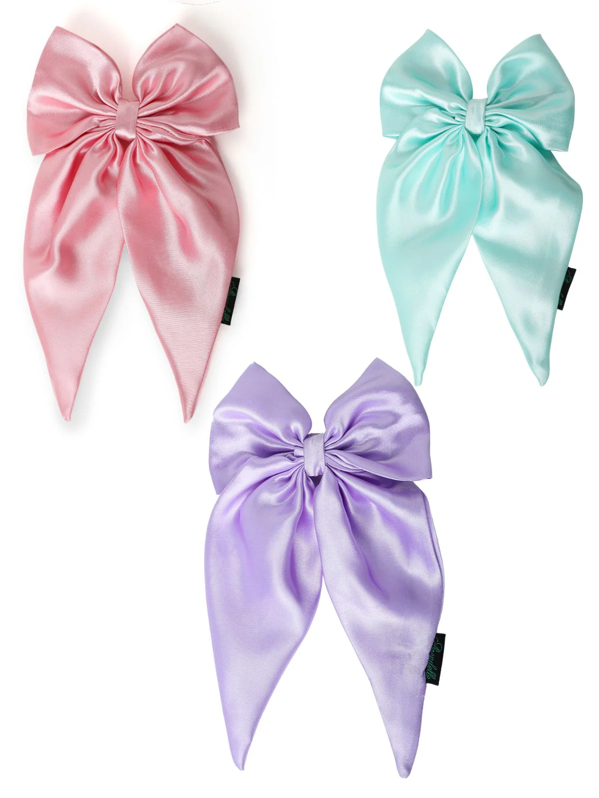 Combo of 3 Satin Long Tail Hair Bows in Pink, Lilac and Mint - Image 3