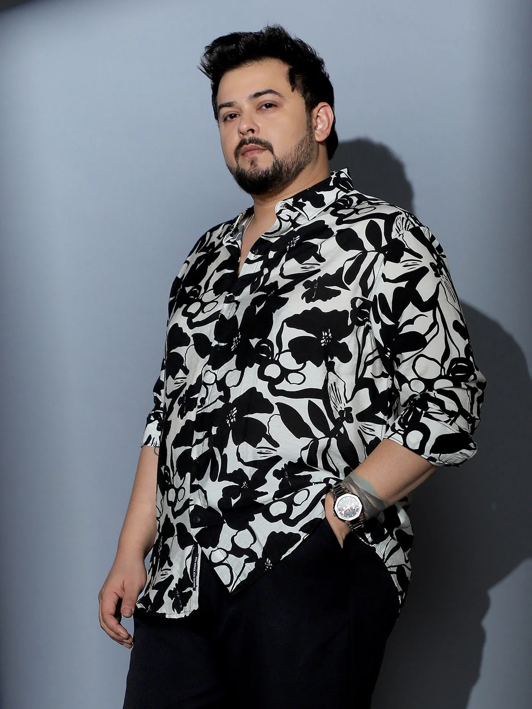Contrast-Botanical Imprint Shirt - Image 3