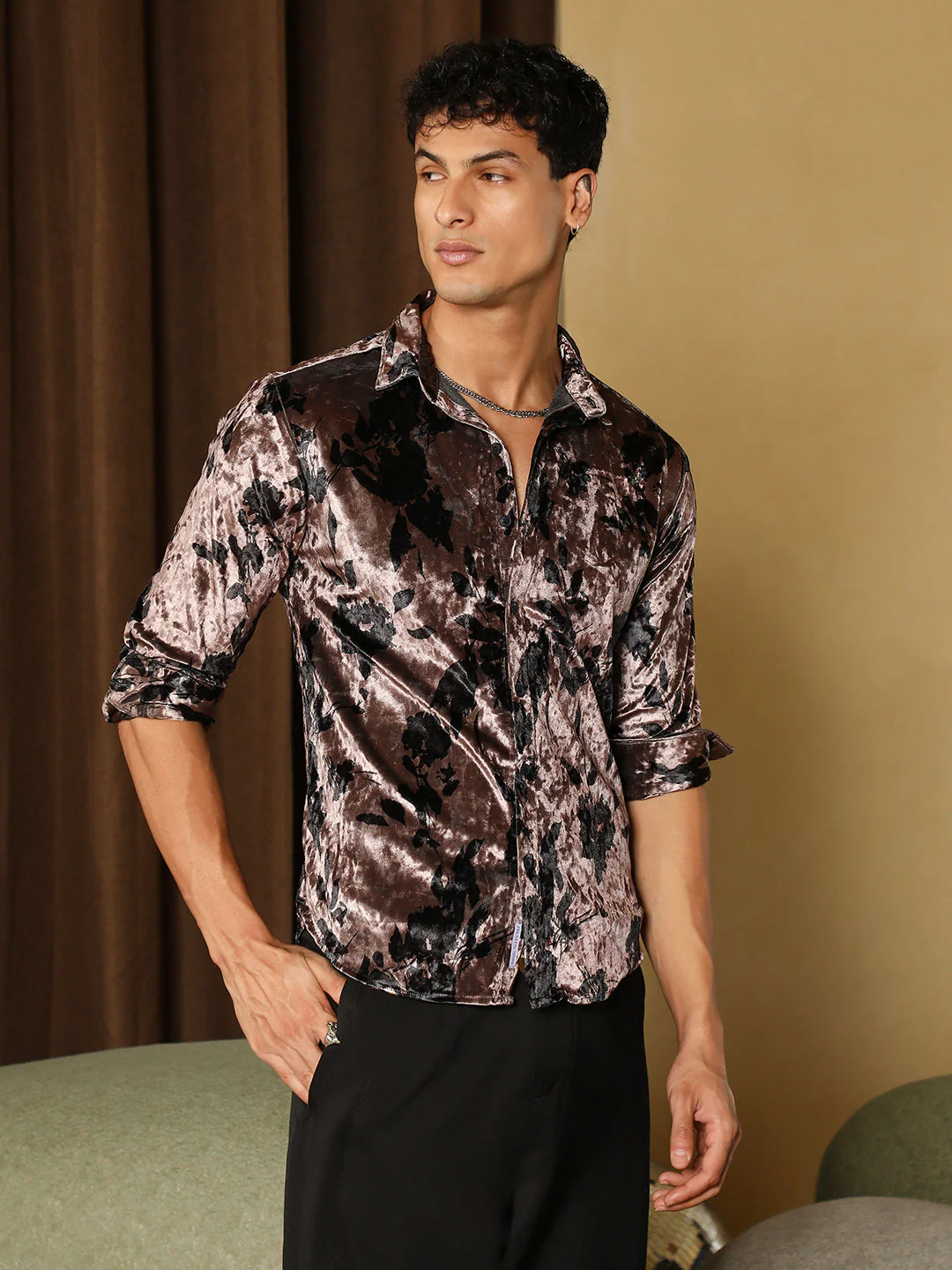 Contrast-Botanical Imprint Velvet Shirt - Image 3