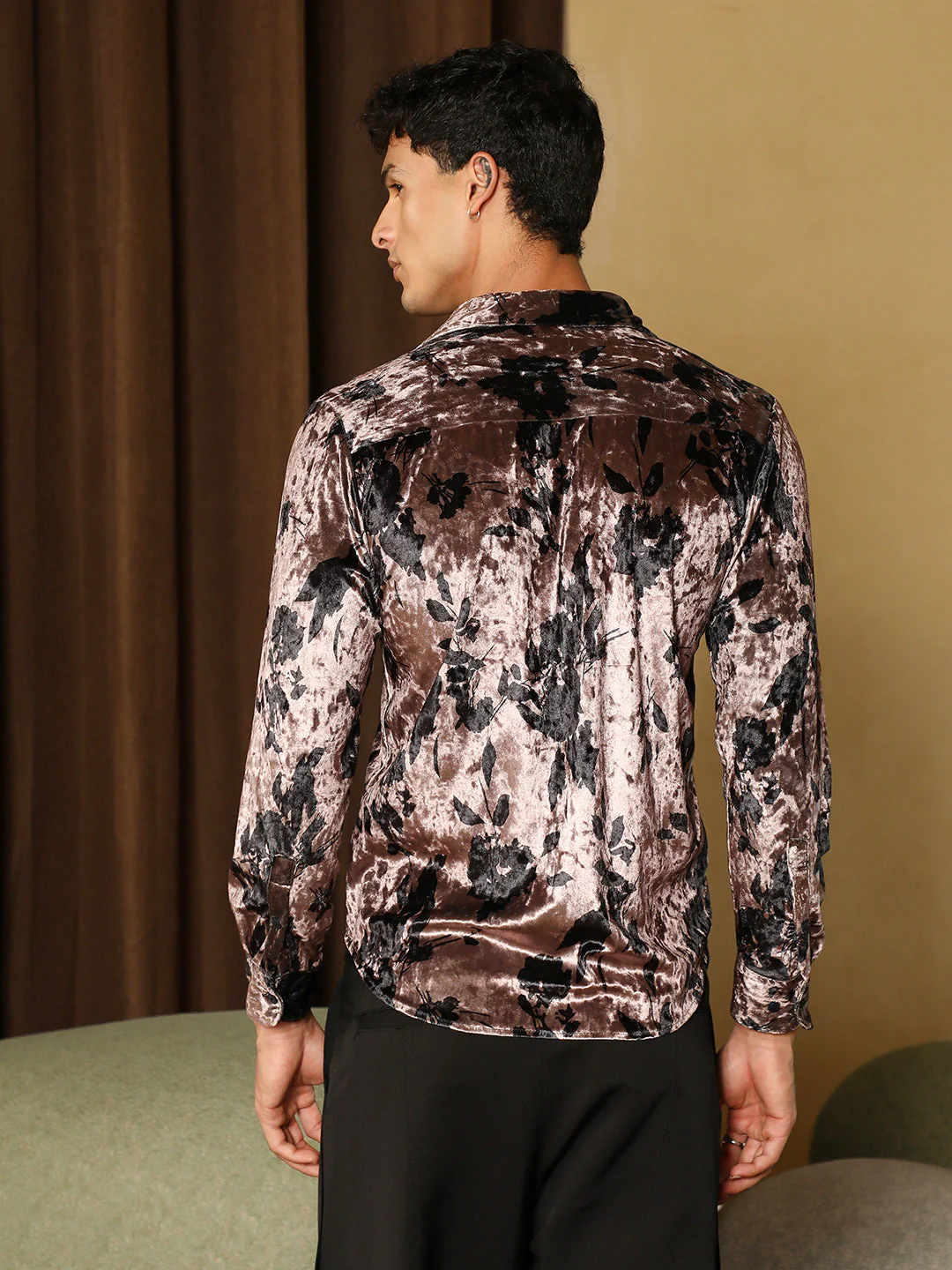 Contrast-Botanical Imprint Velvet Shirt - Image 4