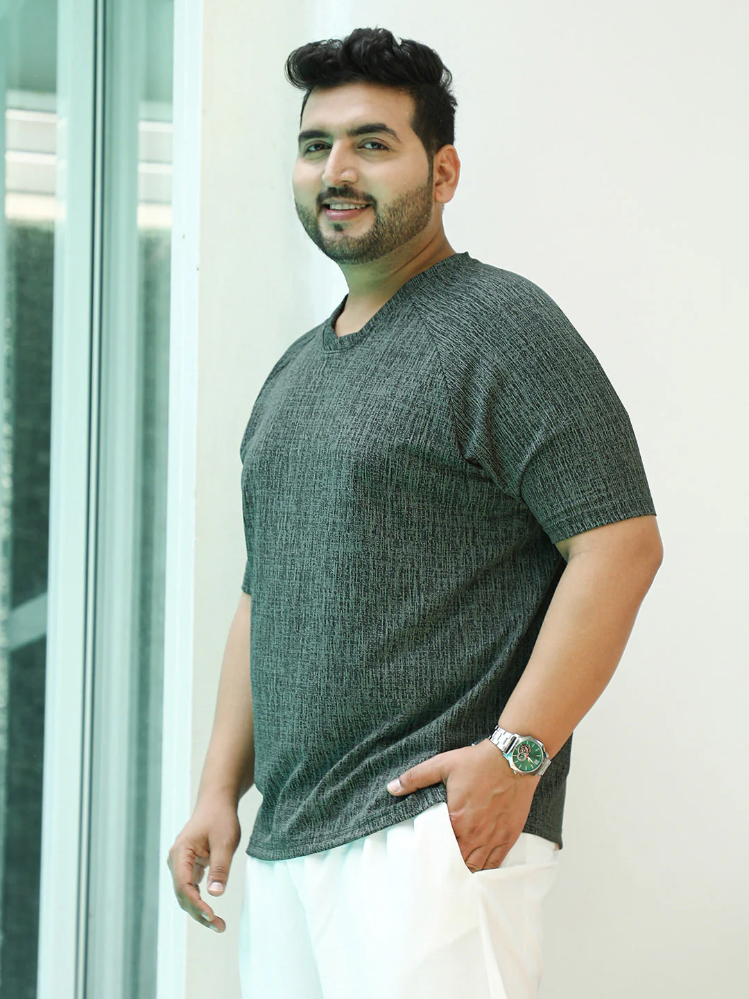 Contrast-Heathered Knitted T-Shirt - Image 3