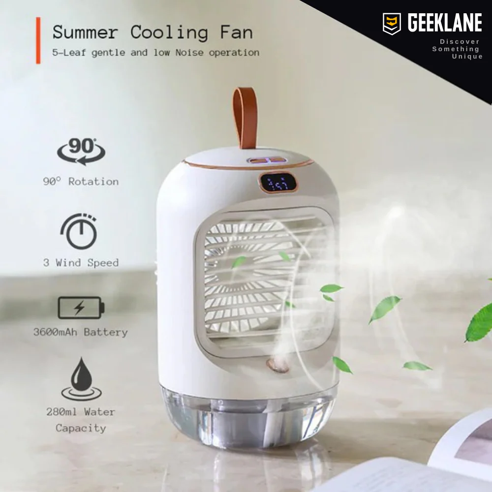 CoolMate: Premium Quality Portable Cooling Fan & Humidifier, 3 Speeds, 280ml Mist, Night Light, 90° Rotation, USB Rechargeable (3600mAh) for Personal Cooling. - Image 2