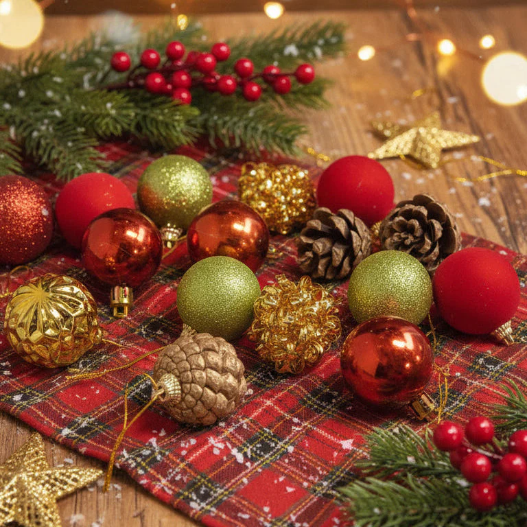 Coral Tree 15-Piece Christmas Hanging Ornament Set – 5 Style Mix of Red, Green, Copper, Gold & Pinecones - Image 2