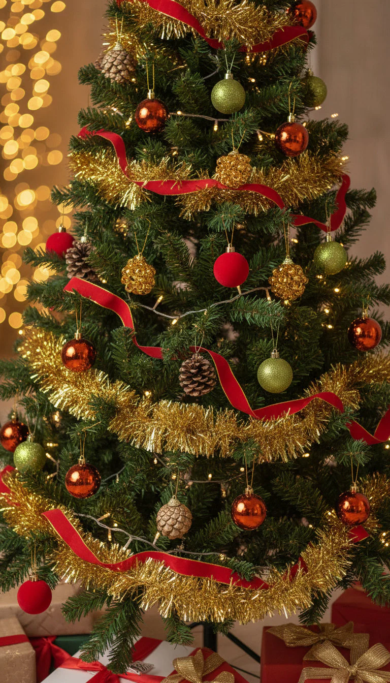 Coral Tree 15-Piece Christmas Hanging Ornament Set – 5 Style Mix of Red, Green, Copper, Gold & Pinecones - Image 4