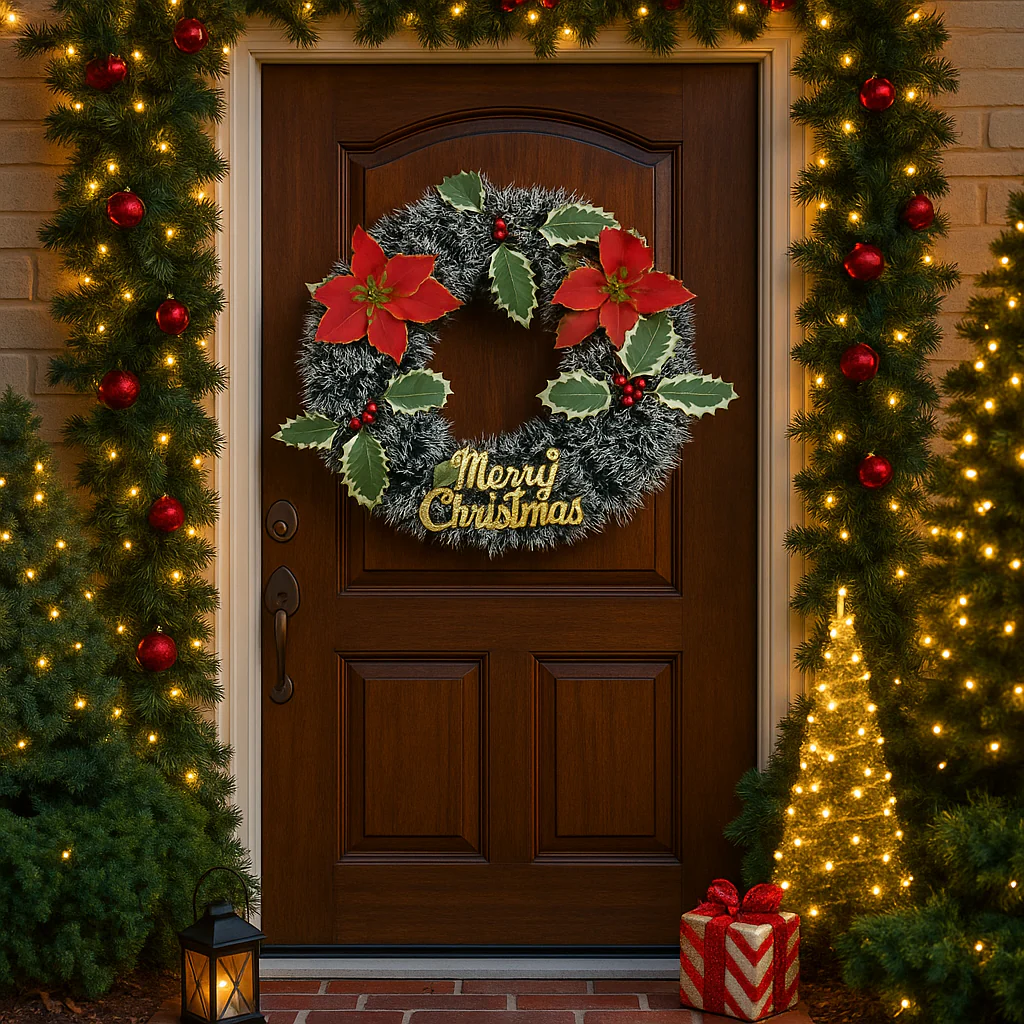 Coral Tree 34 cm Poinsettia Christmas Wreath – Red, Green & Gold Festive Door Décor