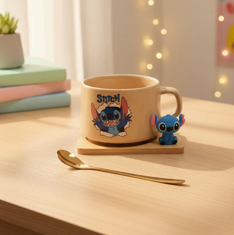 Coral Tree Cute Stitch Ceramic Mug with Wooden Tray & Gold Spoon – 1 Pc Gift Set